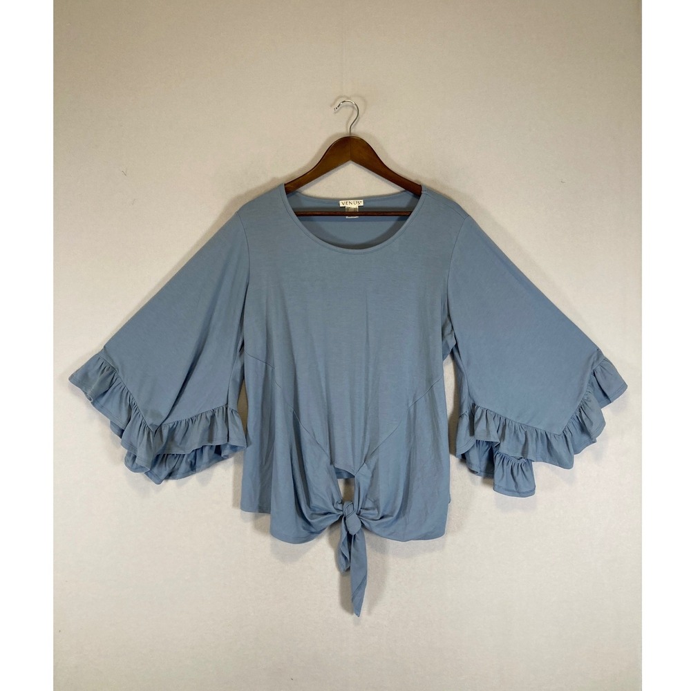 Boho Romantic‎ Venus Womens XL Blue Ruffle Bell Sleeve Tie Front Knit Top